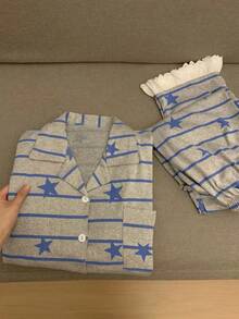 Set Piyama Wanita Motif Garis-Garis Pentagram Blok Warna, Musim Semi/Gugur, Hiasan Renda, Set Pakaian Santai yang Nyaman, Elegan - Grey - View 8