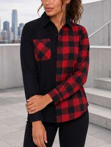 Women's Red And Black Plaid Patchwork Button Front Shirt With Chest Pocket, Long Sleeve Collared Casual Top - Black - View 3