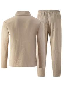 Setelan Linen Pria 2 Potong, Atasan Polo Lengan Panjang Warna Polos dengan Celana Tali Serut, Pakaian Kasual Streetwear - Khaki - View 3