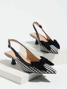 Women's Kitten Heel Shoes, Women's Thin High Heel Bow Closed Toe Sandals Roman Pointed Toe Kitten Heel Shoes Fairy Style Elastic Buckle High Heels, Elegant Women's Shoes, Autumn/Winter New Comfortable Commute Party Shopping Evening Dress Black High Heels, Checkerboard High Heels - Black - View 4