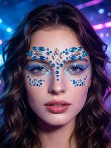1pc Ocean Blue Iridescent Crystal Face Rhinestone Stickers, Self-Adhesive Rhinestone Face Stickers, Crystal Stickers, Suitable For Music Festival, EDM Party, Carnival, Halloween Makeup Decoration - Multicolor - View 3