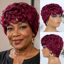 AMECIRE Red Curly Wig Pixie Cut Wig Human Hair Wig 99J Wig Women's Short-Hair Wig With Bangs Stylish Design Elastic Mesh Cap Suitable For Everyday Wear - S99J - View 7