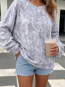 Sweatshirt Pullover Lengan Panjang Leher Bulat Motif Acak Ukuran Plus Wanita Kasual - Light Grey - View 3