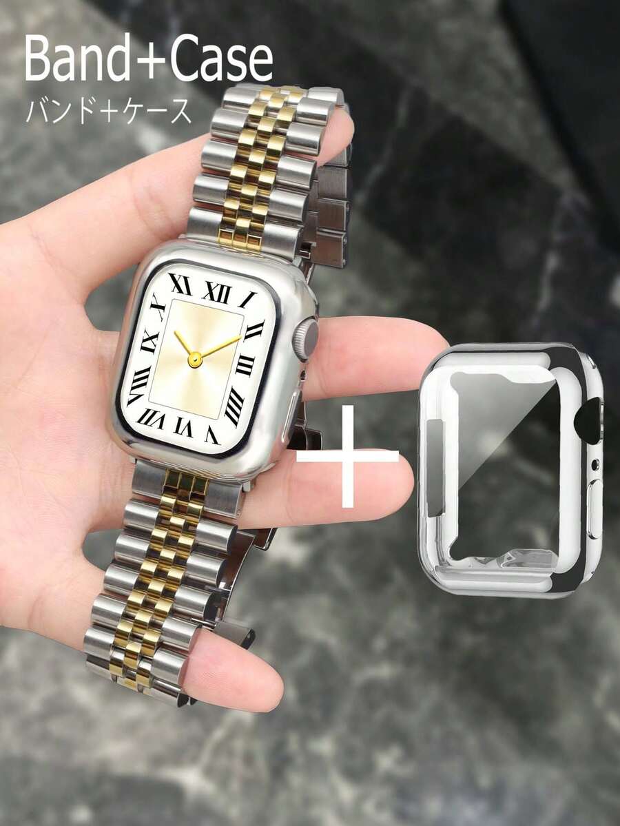 1件組 銀色與金色金屬錶帶及銀色手錶保護殼，相容於 Ultra 4 3 系列 12/S11/S10/S9/S8/S7/S6/S5，尺寸包含 38mm、40mm、41mm、42mm、44mm、45mm、46mm 與 49mm，機甲風格，適合成功男性或男友的商務聚會、派對、旅行、日常配戴理想禮物，亦為相容於 錶帶與保護殼的智慧手錶配件，節日禮物，萬聖節，新尺寸系列 12 43mm 47mm