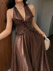 ALIAO Summer Solid Color Halter Neck Bodycon Dress, Elegant Women's Daily Wear, Commute And Date Outfit Wedding - Brown - View 1