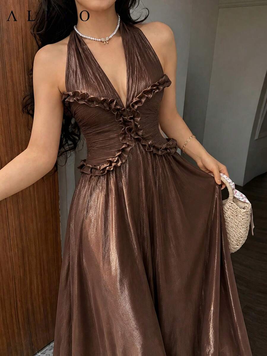 ALIAO Summer Solid Color Halter Neck Bodycon Dress, Elegant Women's Daily Wear, Commute And Date Outfit Wedding - Brown - View 1