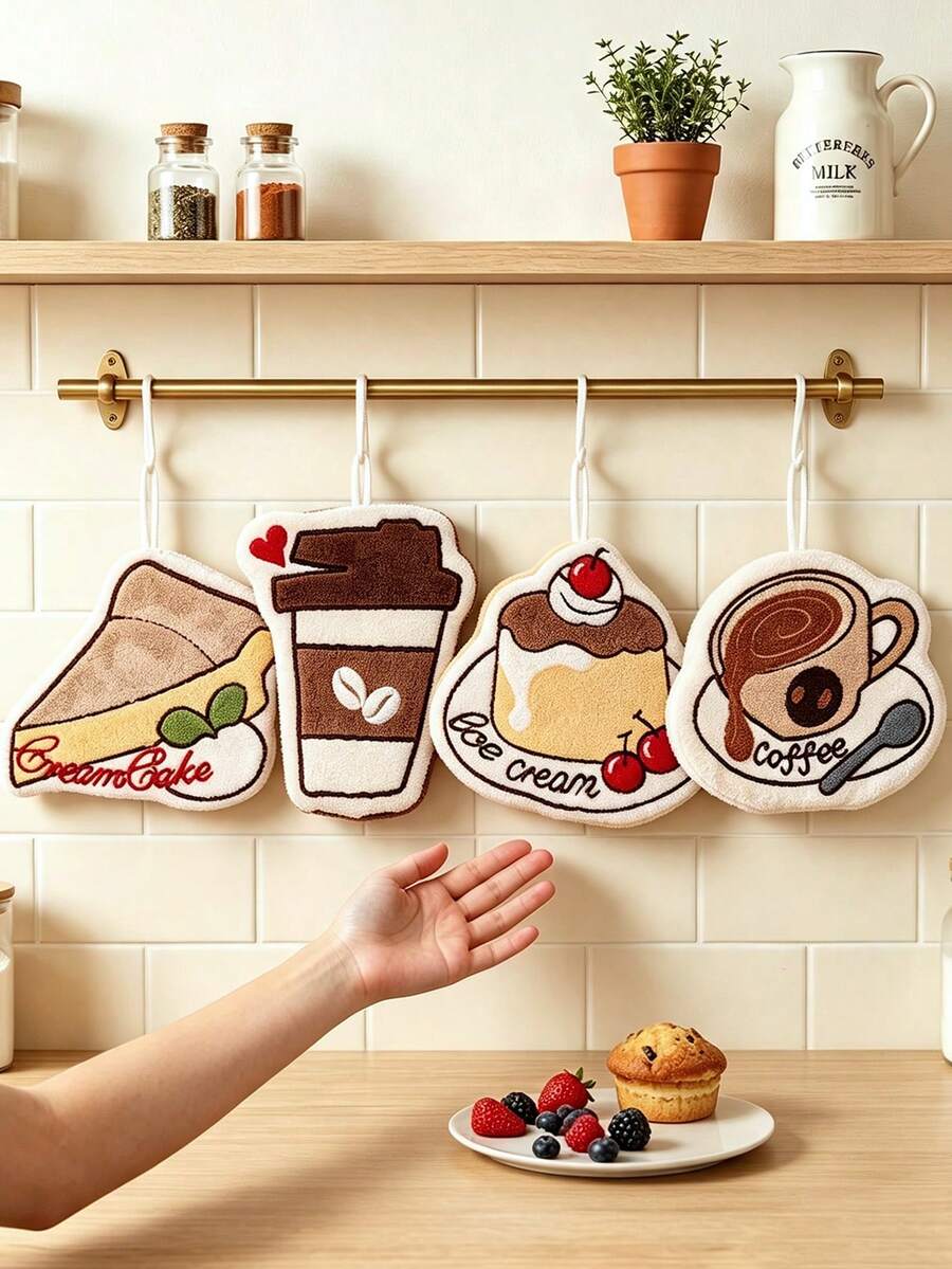 Khăn lau tay treo thêu họa tiết tráng miệng dễ thương 2 lớp dày dặn size lớn 8/4/1 cái, vải san hô mềm thấm hút cao nhanh khô, họa tiết thêu bánh ngọt, cà phê, bánh mì nướng tinh tế, khăn trang trí nhà cửa, phòng tắm và nhà bếp dịp tựu trường - Nhiều màu - Xem 1