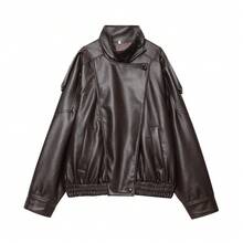 HZXVIC Women's Autumn New Arrival Retro American Cool Girl PU Leather Standing Collar Heavy-Duty Design Jacket Coat - Brown - View 6