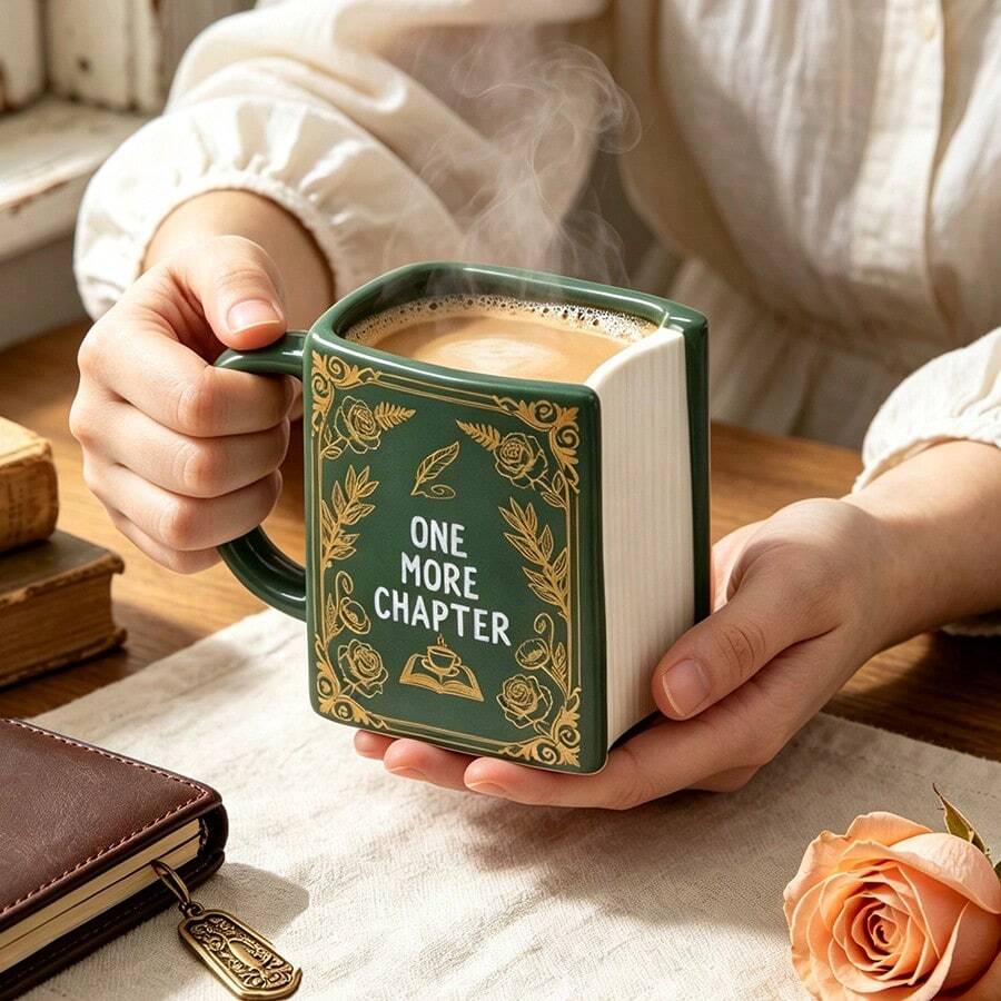 1pc 290ml/9.8oz Unique Book Shaped Ceramic Coffee Mug, "One More Chapter" Letter & Vintage Floral Print Novelty Coffee Tea Cup For Latte Milk Cocoa Tea, Perfect Gift For Book Lovers & Back To School - Multicolor - View 1
