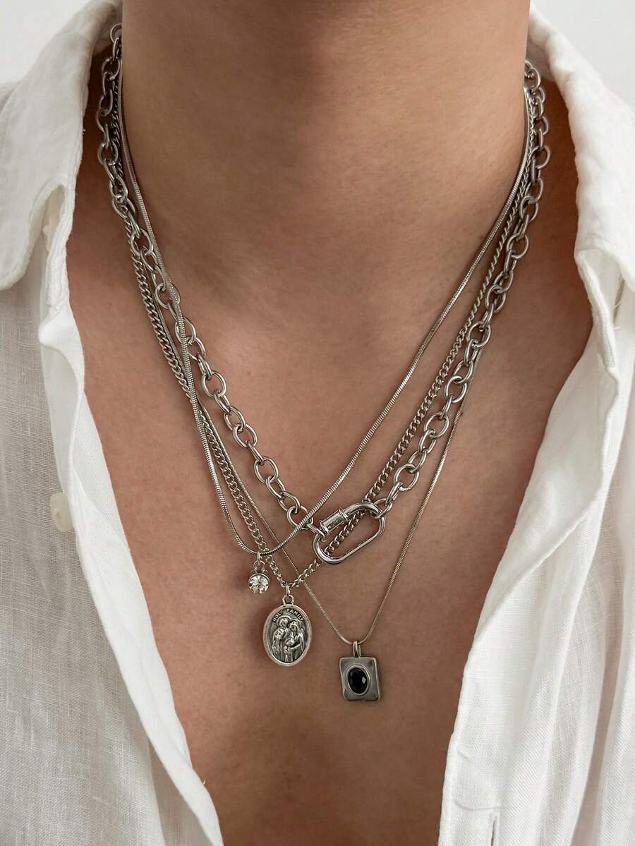 4pcs/Set American Vintage Multi-Layer Stacked Men's Necklace, Distressed Silver Saint Medal Square Rhinestone Carabiner Hip-Hop Accessory