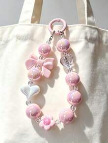 1pc Pink Iridescent Beaded Keychain, Bow Heart Flower Pendant Chain, Sweet Girl Style Bag Charm Car Key Chain, Daily Accessory Holiday Gift For Girlfriend Best Friend Aesthetic Design - Multicolor - View 5