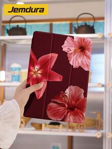 Jemdura 紅色 3 朵扶桑花圖案平板保護殼，相容 iPad 10.2/10.5 吋、第 10/11 代 (A16)、Mini 6/7 8.3 吋、Air 5/6/7 10.9 吋/11 (M2/M3)，附筆槽收納，三折翻蓋保護殼，多角度折疊，支援睡眠/喚醒功能 - 彩色 - 查看 4