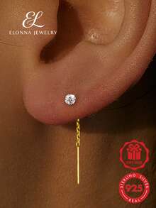 SYMFNY 1 Pair 925 Sterling Silver Ear Chain, Decorated With Jewelry-Style Sparkling Cubic Zirconia, Minimalist Shiny Design, Fashionable Women's Gift - Yellow Gold - View 1