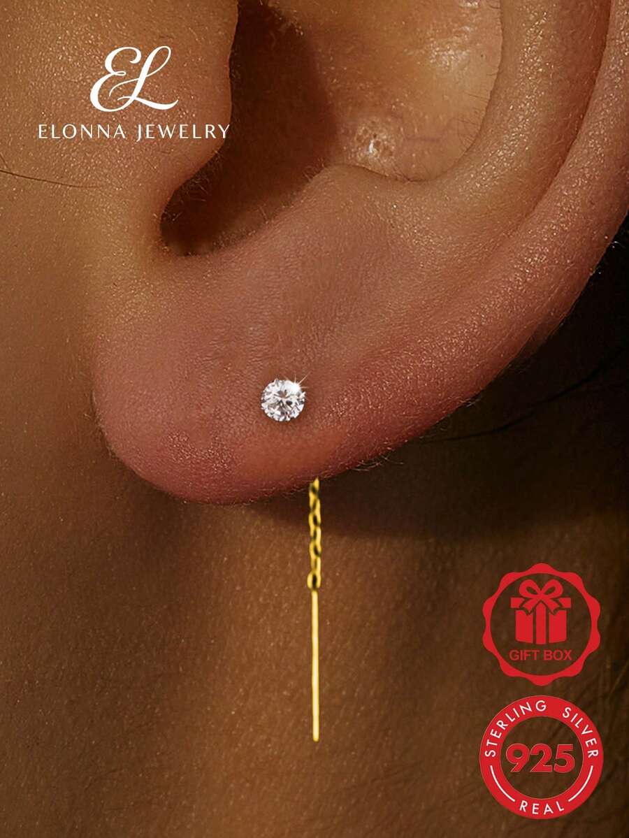 SYMFNY 1 Pair 925 Sterling Silver Ear Chain, Decorated With Jewelry-Style Sparkling Cubic Zirconia, Minimalist Shiny Design, Fashionable Women's Gift - Yellow Gold - View 1