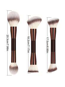 ronshadow 3pcs Brown Dual-Ended Multi-Brush Face Makeup Brushes, Angled & Round Head Combination, Blush Highlighter Contour Setting Powder Multi-Function Soft Bristle Beginner Makeup Tool - Chocolate Brown - View 8