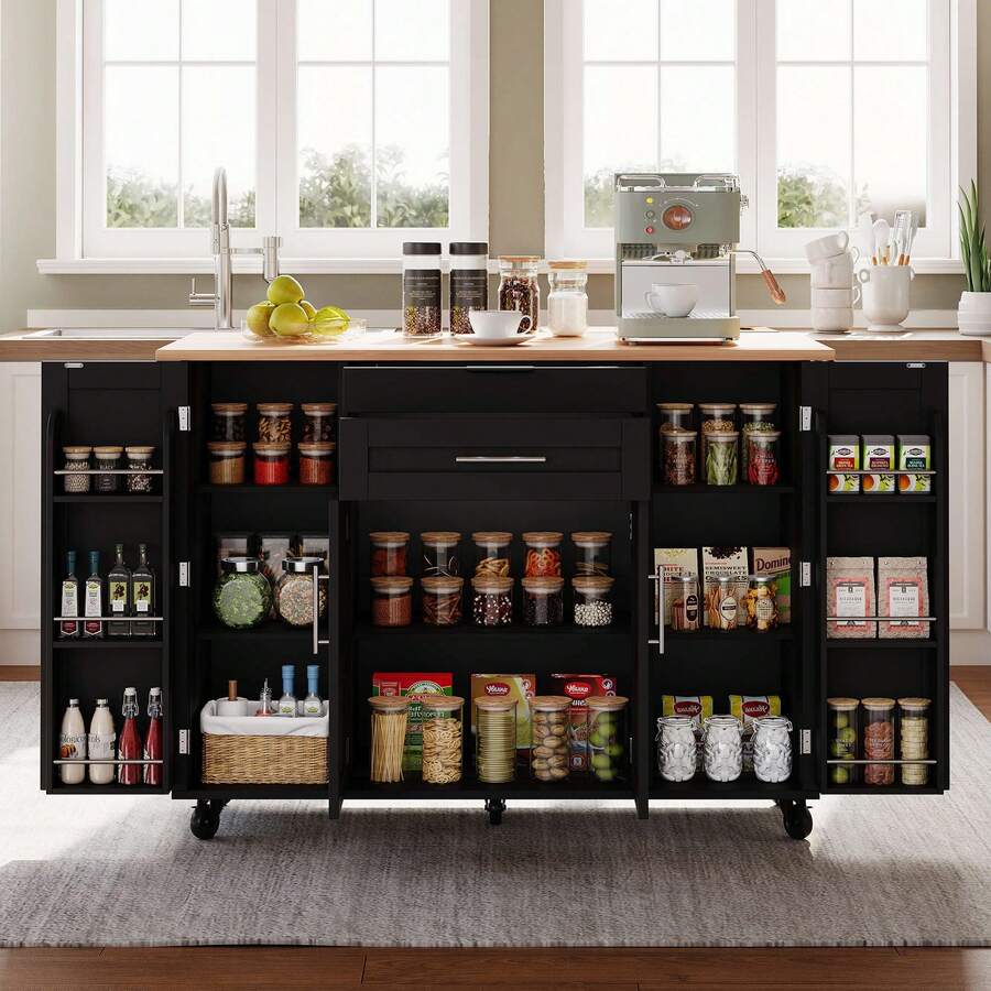 Rolling Kitchen Island Cart With Fold‑Out Extension Tabletop, 2 Drawers & Multi‑Cabinet Storage With Adjustable Shelves & Door Racks, Mobile Kitchen Trolley With Towel Rack & Spice Rack For Kitchen Dining Room - Black - View 1