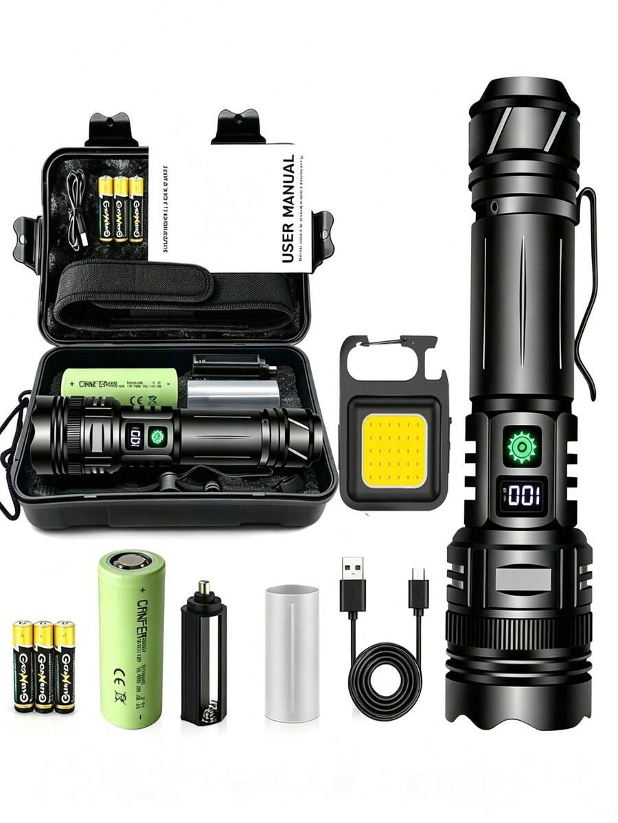 High Power LED Flashlight USB Rechargeable Strong Light Flashlight Set Portable Tactical Pen Clip Flashlight Suitable For Outdoor Camping [Flashlight + Lanyard + 26650-5000 + Battery Tube*2 + AAA Battery*3 + Data Cable*2 + Keychain Light] - Flashlight Set - View 1