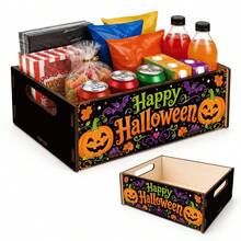 1pc Halloween Wooden Storage Box, Black Background Floral Vine Pumpkin Bat Maple - Multicolor - View 5
