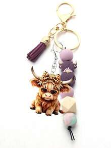 Highland Cow Acrylic Beaded Keychain With Tassel, Cute Short Keychain, Cartoon Punk Style, Animal Theme, Lobster Clasp, Decorative Backpack Accessory, Acrylic Pendant, Car Key Anti-Lost Chain, Ideal Gift For Friends And New Year Celebration, Highland Cow, Silicone Beads, Tassel, Backpack Accessory, Car Key, Anti-Lost Chain, Holiday Gift - Multicolor - View 12