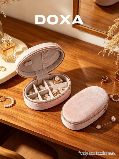DOXA Pink Velvet Oval Travel Jewelry Box With Compartments And Zipper, Suitable For Rings And Earrings, Empty Box Only