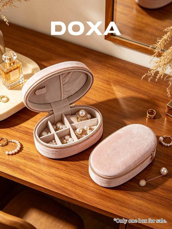DOXA Pink Velvet Oval Travel Jewelry Box With Compartments And Zipper, Suitable For Rings And Earrings, Empty Box Only