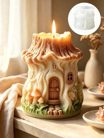 Candle Mold - Treehouse Shaped Silicone Candle Mold, Forest Treehouse With Mushroom Pastoral Style Aromatherapy Candle Cup Mold, DIY Epoxy Resin Plaster Floral Art Decor, Handmade Soap Casting Mold, Gentle Spring DIY Craft Material