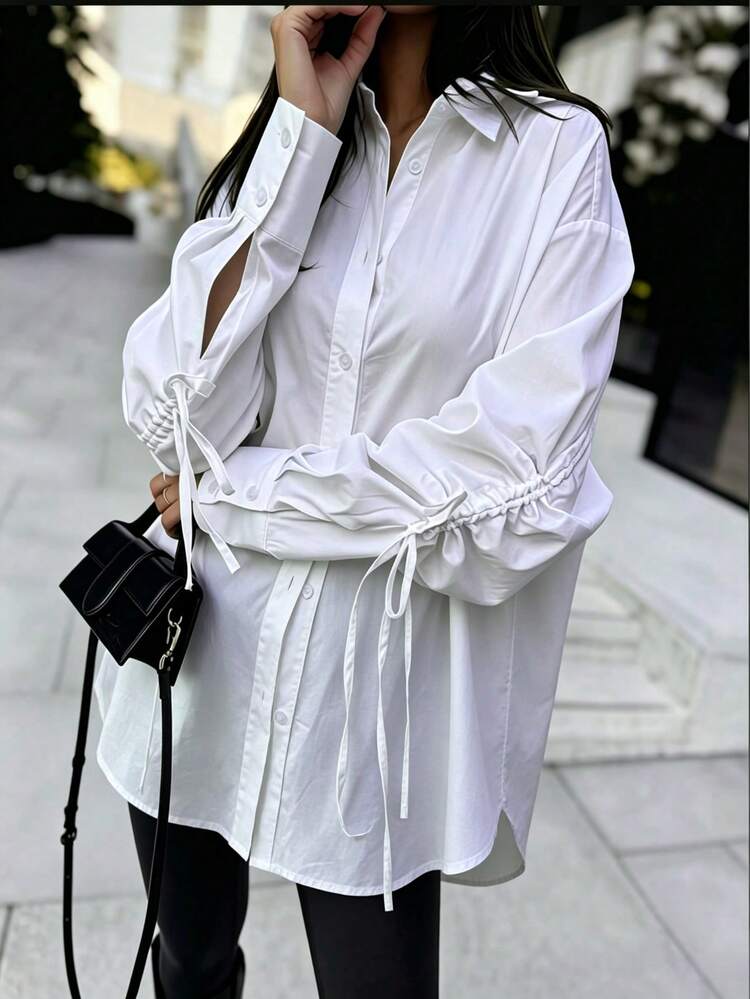 Elegant White Satin Oversized Shirt With Ruched Drawstring Lantern Sleeves - White - View 2
