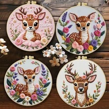 Cute Deer Floral Embroidery Kit, Suitable For Adult Beginners. Includes Instructions, Printed Fabric, Embroidery Hoop, Needles, Threads And Stitch Guide. Perfect Home Gift For Women. Size: 15x15cm/5.9in Or 20x20cm/7.9in - Deer - View 2