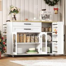 White Mobile Kitchen Island Cart With Foldable Tabletop, 120cm Rolling Kitchen Trolley, Tempered Glass Cabinet, Cutlery Drawer, Side Spice Racks, Lockable Wheels, Portable Storage Island For Kitchen Dining Room - White - View 1