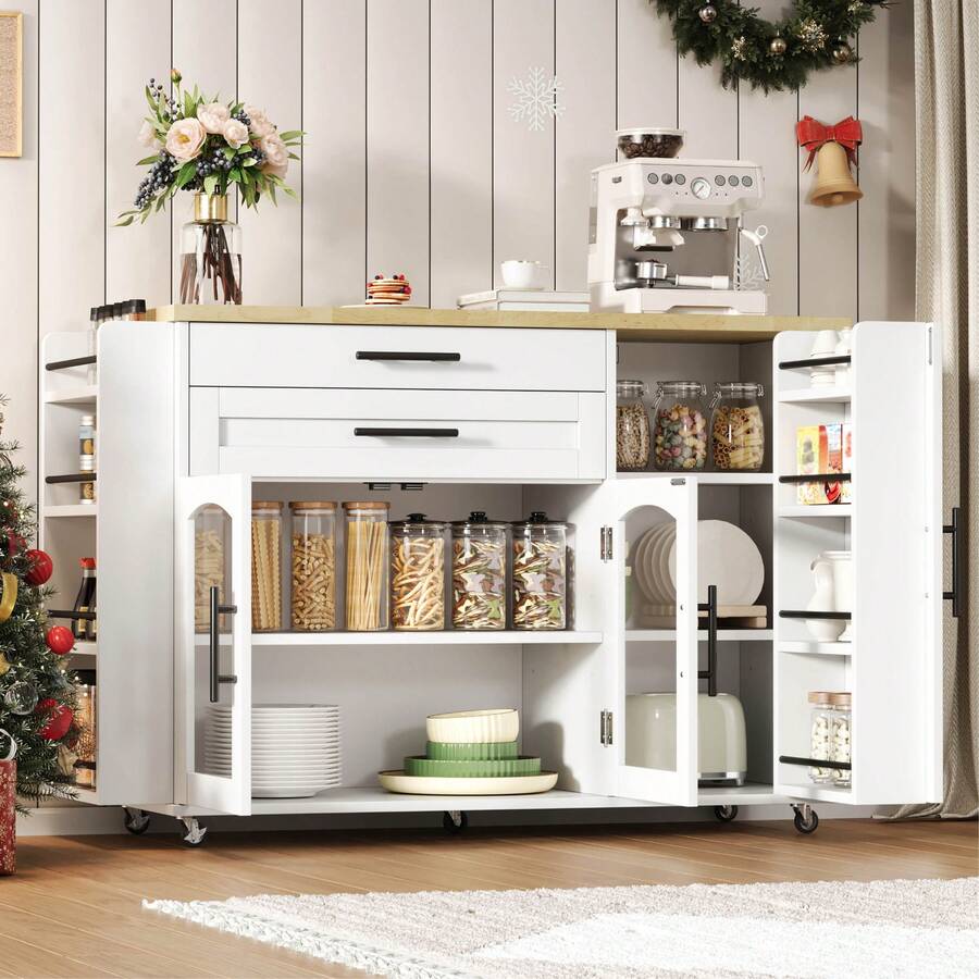White Mobile Kitchen Island Cart With Foldable Tabletop, 120cm Rolling Kitchen Trolley, Tempered Glass Cabinet, Cutlery Drawer, Side Spice Racks, Lockable Wheels, Portable Storage Island For Kitchen Dining Room - White - View 1