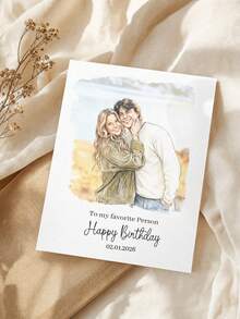1pc Personalized Watercolor Portrait Birthday Greeting Card With Envelope, Custom Photo Hand‑Drawn Family Best Friend Art Card, Custom Text Date Customized Birthday Wish Card For Friendship Gift. - Multicolor - View 5