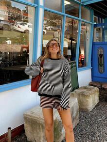 HoloChill Halloween Women's Young Influencer Casual Style Colorblock Striped Crew Neck Pullover Long Sleeve Sweater, Fall/Winter Casual New Versatile Top, Comfortable Women's Striped Pullover Sweater, Fashion Long Sleeve Crew Neck Sweater, High Elastic Knit Fabric College Style Regular Fit, Women's Autumn/Winter Outing Outfit Sweater, Back To School Season, Fall/Winter Luxury Christmas - Black - View 7