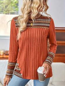 Plus Size Women's Round Neck Colorblock Printed Long Sleeve Top - Orange - View 2
