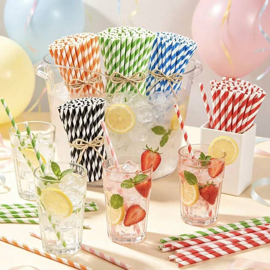 25/50 buah Sedotan Kertas Sekali Pakai Bergaris Warna-warni, Dekorasi Minuman untuk Pesta Ulang Tahun dan Piknik - Hijau - View 1