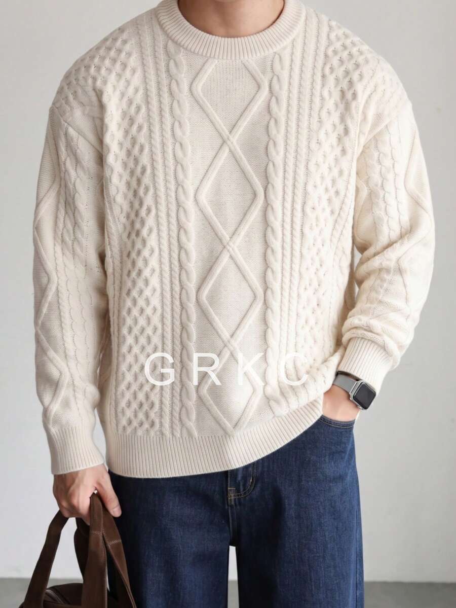 GRKC Solid Color Minimalist Cable Knit Men's Sweater, Casual Fashion Home Office Commute Long Sleeve Crew Neck Pullover, Autumn/Winter - Apricot - View 1