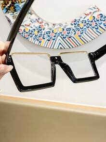 1 Pair Women's Square Black Metal Inlaid Eyeglass Frames, Clear Lens Fashion Glasses - F - View 6
