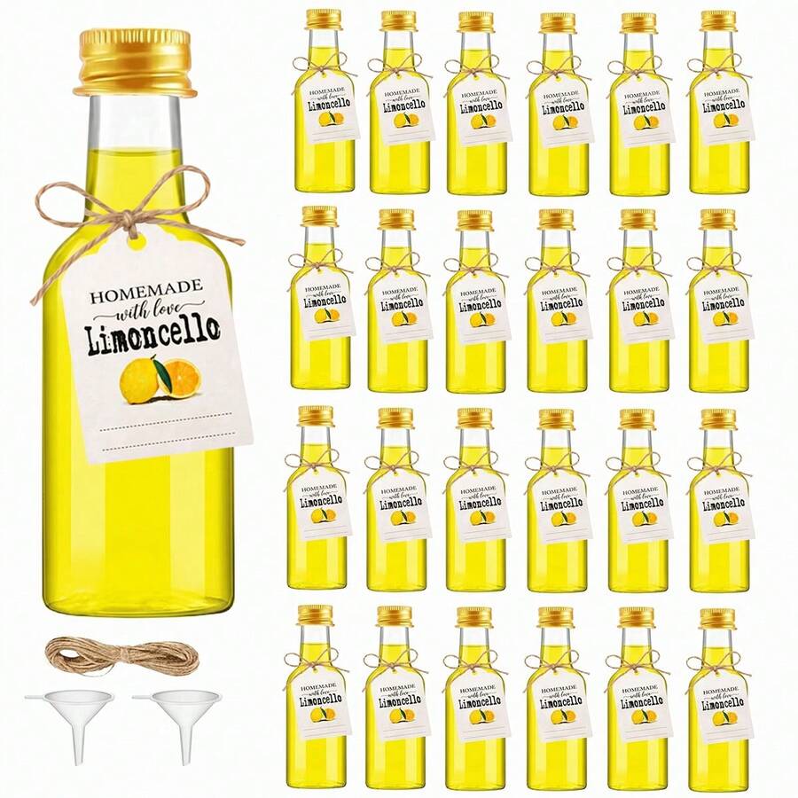 44pcs/4pcs Empty Plastic Lemon Juice Bottles With Lids, Mini Refillable Bottles With Lemon Labels, Jute Rope And Funnel, Suitable For Homemade Lemonade, Juice, Wedding, Party Favors, Beach Trips, Picnics, Holiday Gatherings And Kitchen Decor