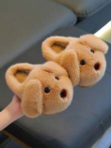 1 Pair Unisex Plush Slippers, Dog Ear Design, With Plush Lining, Non-Slip Soft Rubber Sole, Suitable For Toddlers And Children Indoor Warm Home Slippers - Light Coffee - View 1