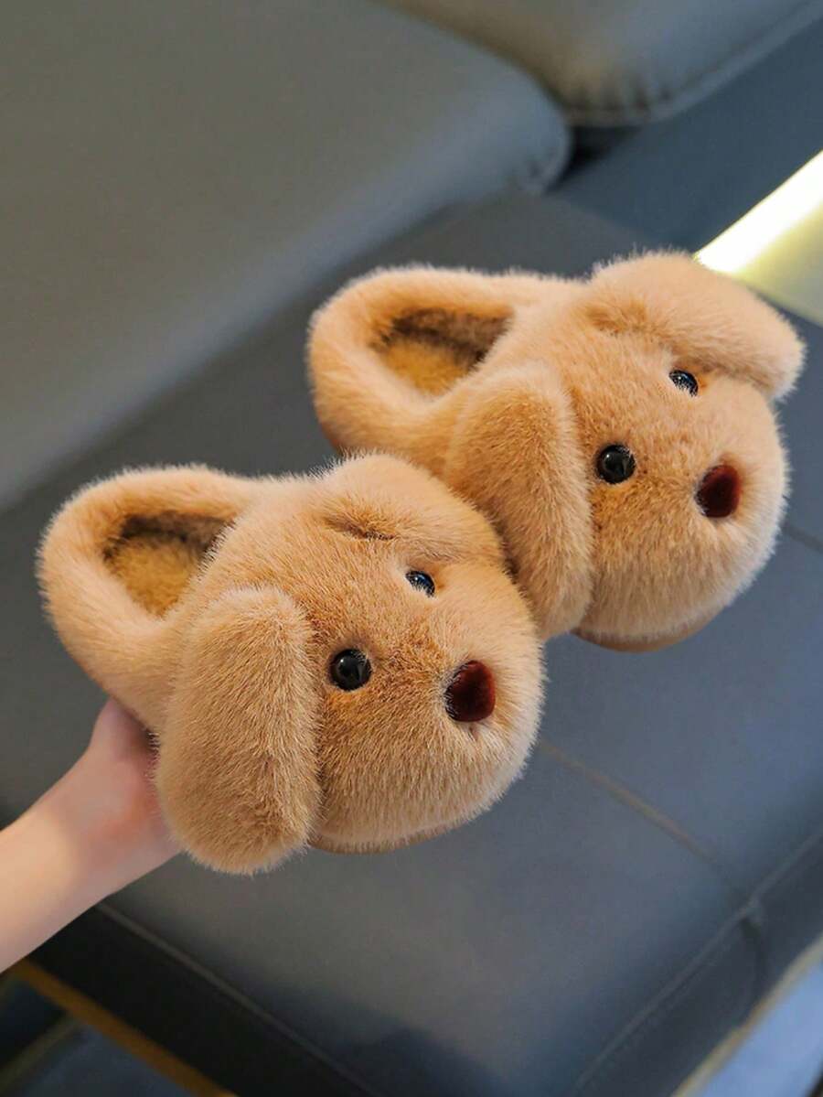 1 Pair Unisex Plush Slippers, Dog Ear Design, With Plush Lining, Non-Slip Soft Rubber Sole, Suitable For Toddlers And Children Indoor Warm Home Slippers - Light Coffee - View 1