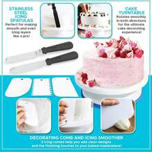 This 6-Piece Cake Decorating Tool Set Includes One Stainless Steel Scraper, One PP Material Scraper And One Cake Turntable. It Is Reusable And Suitable For Making Homemade Desserts, Cakes And More, Making It A Kitchen Essential. - View 6