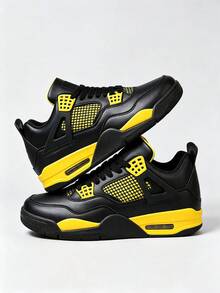 Men Women Couple 90s Retro Basketball Shoes, Mesh Synthetic Leather Upper, Visible Large Air Cushion, Stain Resistant Black Yellow, For Daily Wear, Sports & Gym - 黑色 - 查看 3