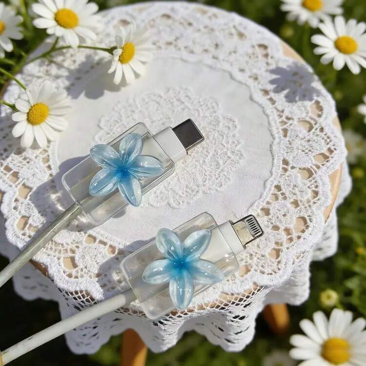 2pcs Cute Sakura Flower Cable Protector Set For Smartphone Charging Cords, TPU Material, No Battery, Universal Fit Cable Saver - Plumeria - View 5