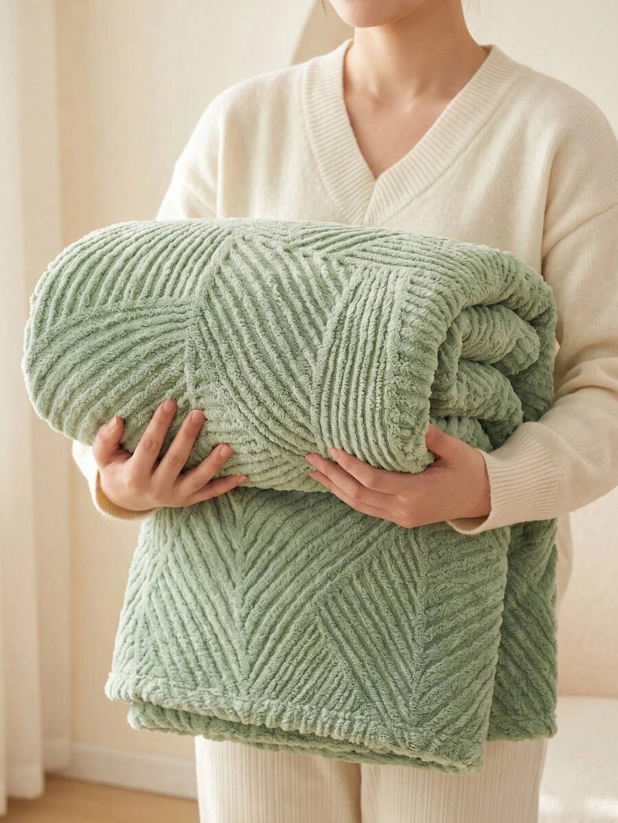 1pc Khaki Bohemian Style Blanket, Taffeta Jacquard Faux Sherpa Long Pile Fleece, Lambswool Blanket, Throw Blanket, Soft, Lightweight, Breathable And Warm, Reversible Bed Blanket And Shawl, Suitable For Living Room, Bedroom, Dormitory Furniture Decoration, All Seasons, Can Be Used As Bed Cover, Small Size Can Be Used As Beach Towel - Green - View 1
