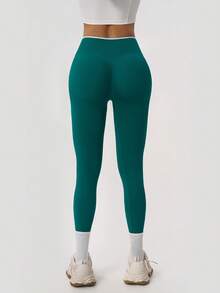 NcmRyu 1pc Women's Fashionable Elastic Contrast Color Ribbed High Waist Patchwork Waistband Butt-Lifting Soft Comfortable Sports Long Pants - Green - View 9