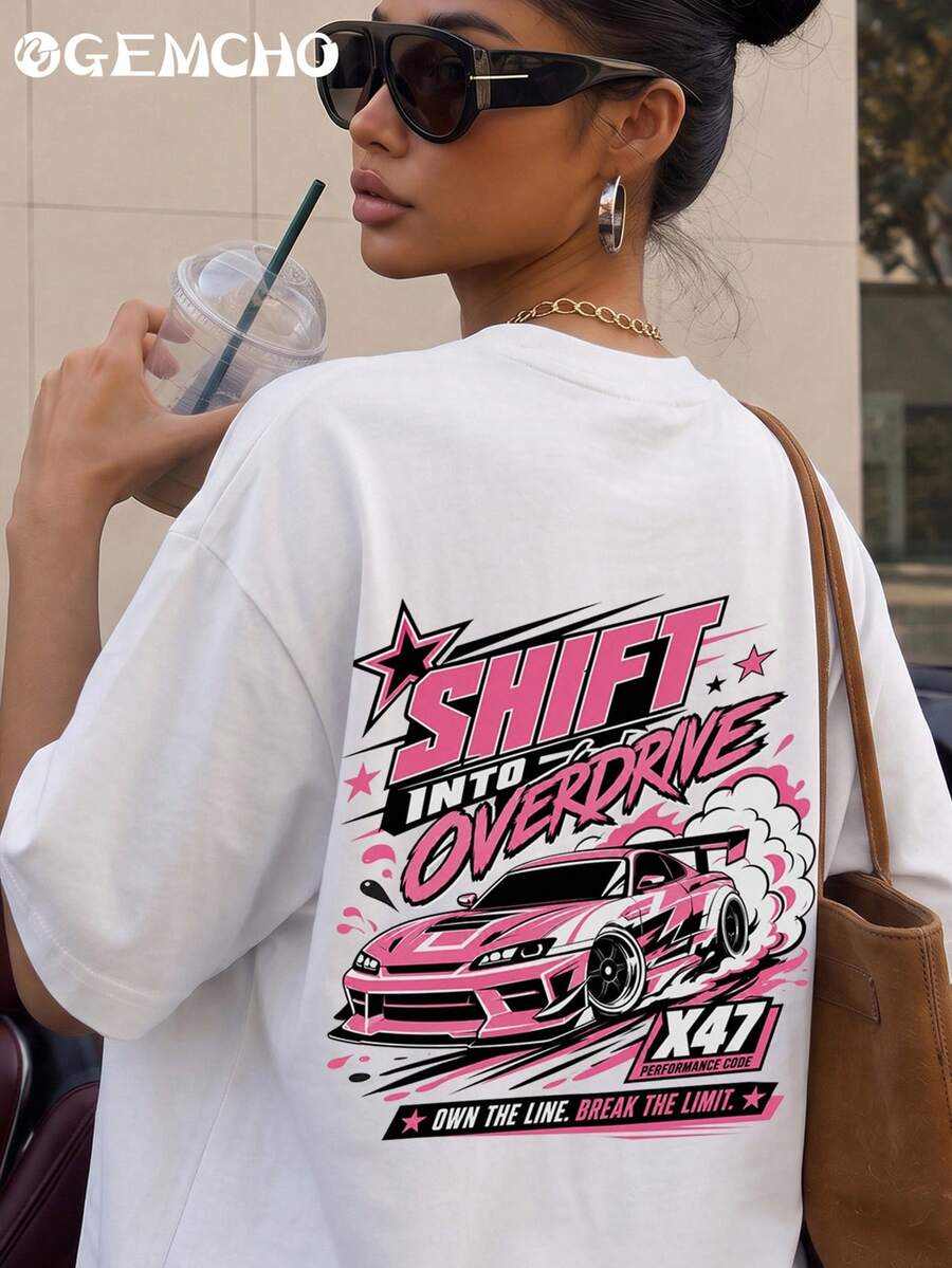 GEMCHO Women's White Y2K Racing & Letter Print Loose Oversized T-Shirt, Drop Shoulder Round Neck Short Sleeve Streetwear Top, Front & Back Print Sports - White - View 1