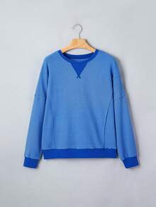Acelitt Sudadera de manga larga holgada con cuello redondo, costura en V, hombros caídos y rayas para primavera y otoño - Azul - Ver 5