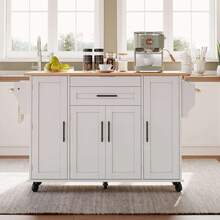 Rolling Kitchen Island Cart With Fold‑Out Extension Tabletop, 2 Drawers & Multi‑Cabinet Storage With Adjustable Shelves & Door Racks, Mobile Kitchen Trolley With Towel Rack & Spice Rack For Kitchen Dining Room - White - View 8