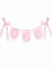 1pc Pink Plaid ONE Banner With Lace Trim And Bow, Baby 1st Birthday Party Wall Decoration Photo Prop - Multicolor - View 2