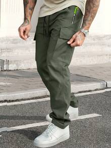 2pcs/Set Men's Long Pants, Spring/Autumn Solid Color Sports Multi-Pocket Outdoor Cargo Pants, Straight Leg Zipper Sports Pants - Black - View 4