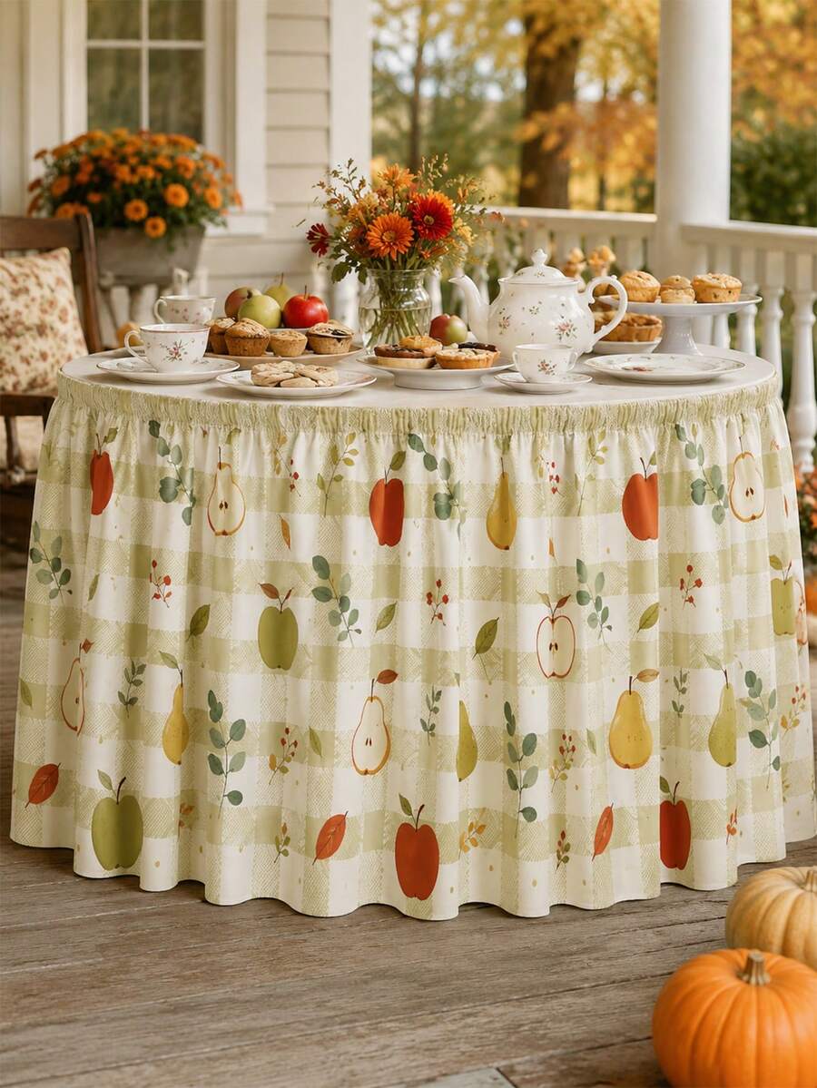 1pc Minimalist Green Plaid Autumn Party Tablecloth With Harvest Fruit Pattern, Suitable For Birthday Party And Autumn Party Events, Holiday Decoration Tablecloth - Multicolor - View 1